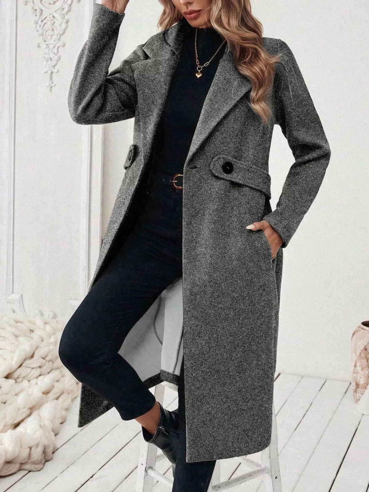 Lapel Collar Longline Coat - Dark Gray - View 2