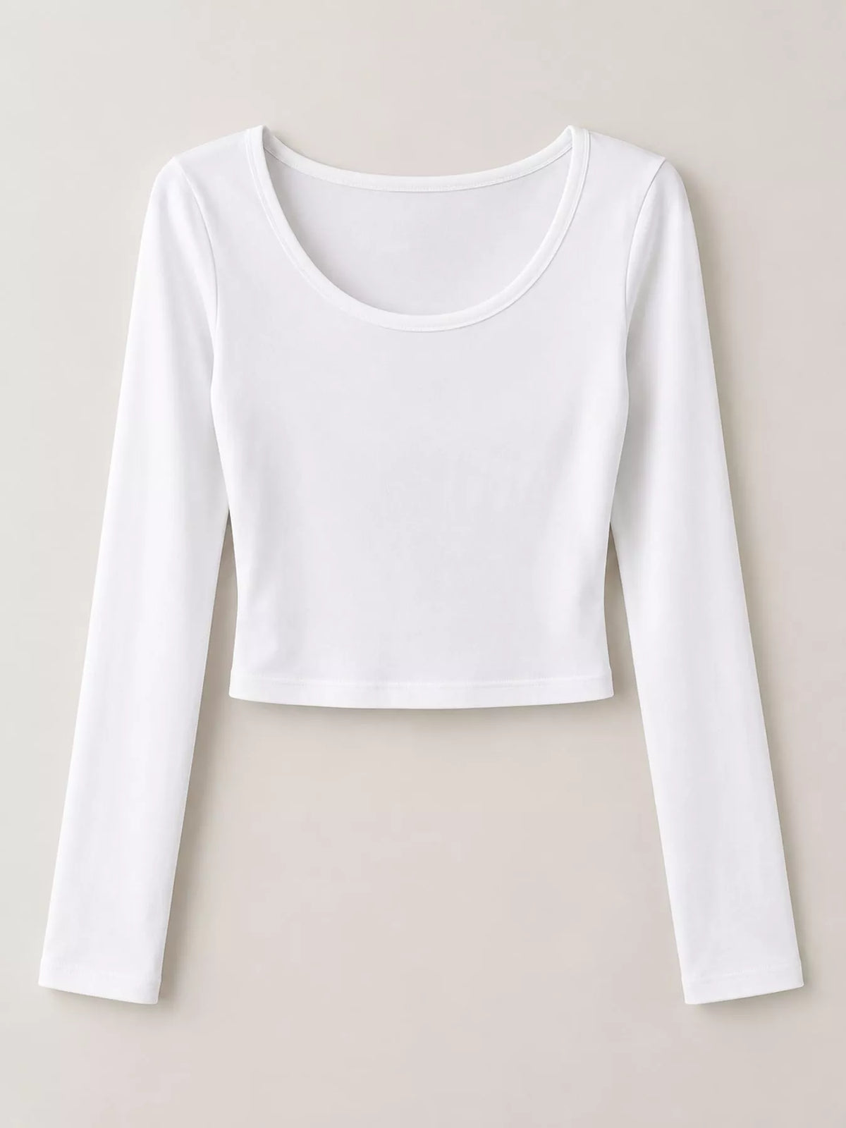 Slim-Fit Long Sleeve U-Neck Cropped T-Shirt - White - View 16