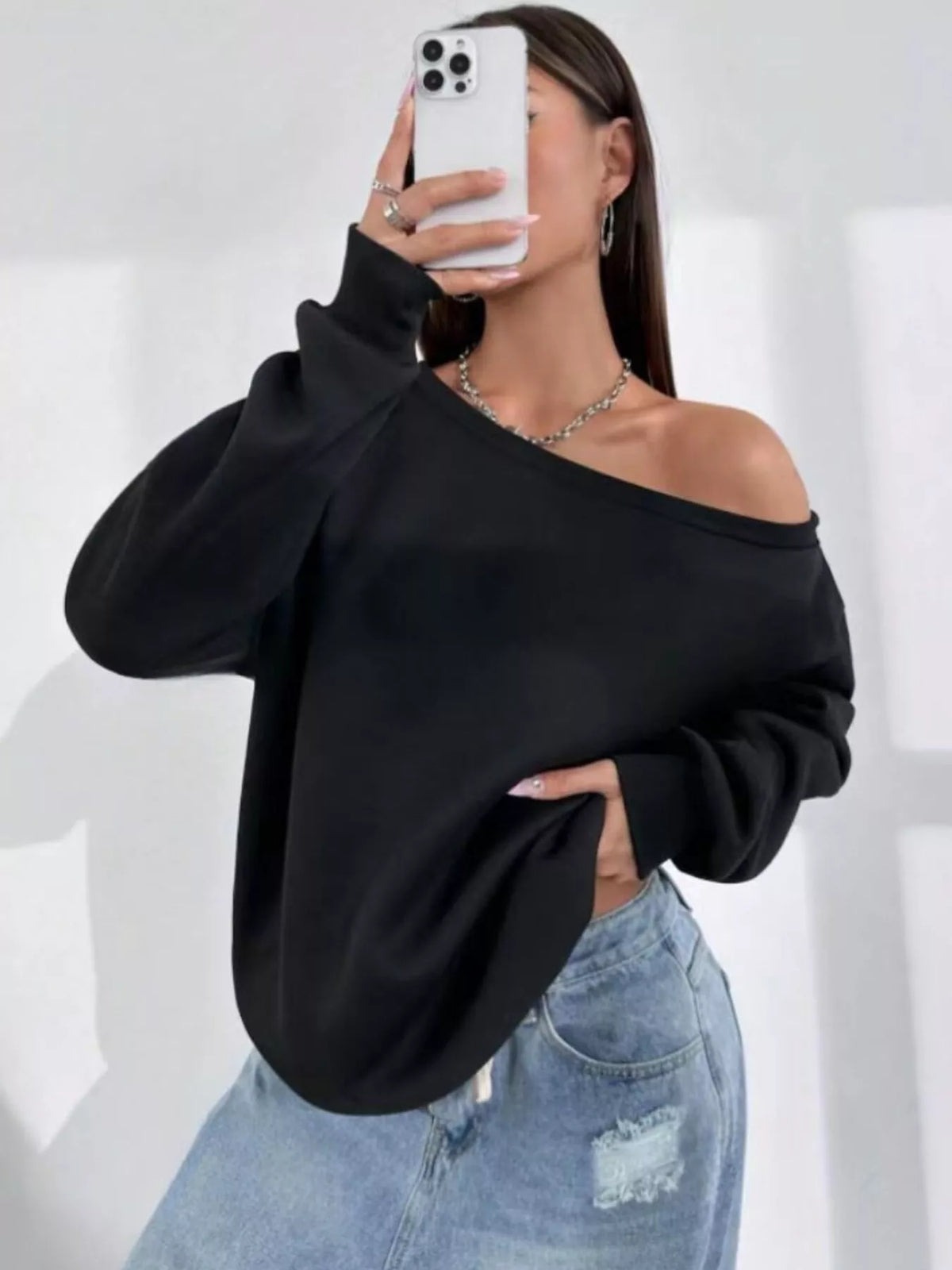 One Shoulder Dropped Shoulder Sweatshirt - Black - View 1