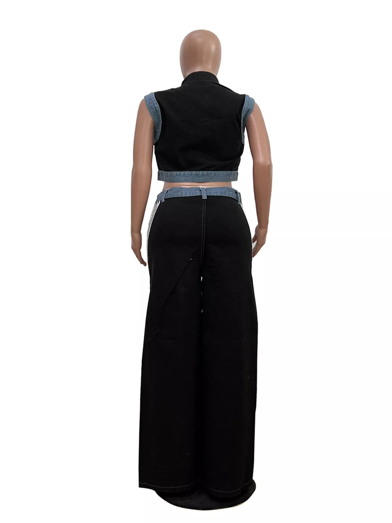 Zip Front Crop Top and Striped Pants Set - Black - Rear Mannequin View