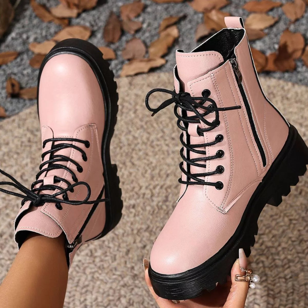 Round Toe Block Heels Boots - Pink - View 9