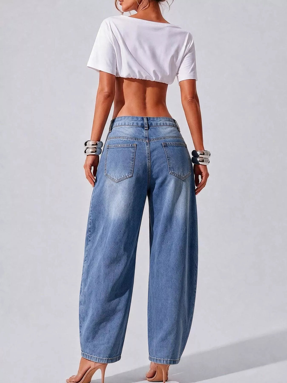 Decorative Button Wide Leg Jeans - Blue - View 25