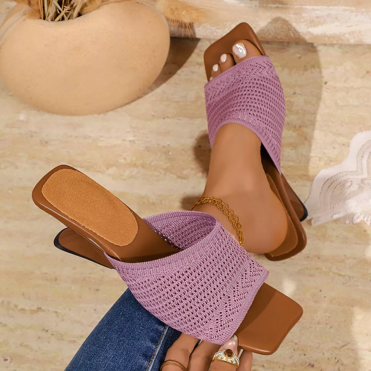 Open Toe Block Heels Sandals - Purple - View 7