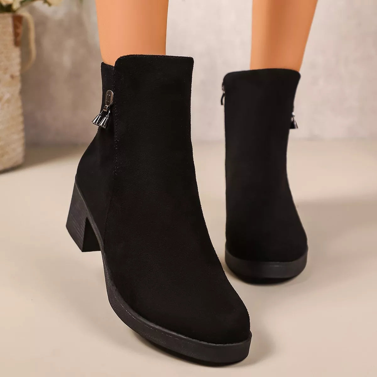 Point Toe Block Heels Boots - Black - View 2