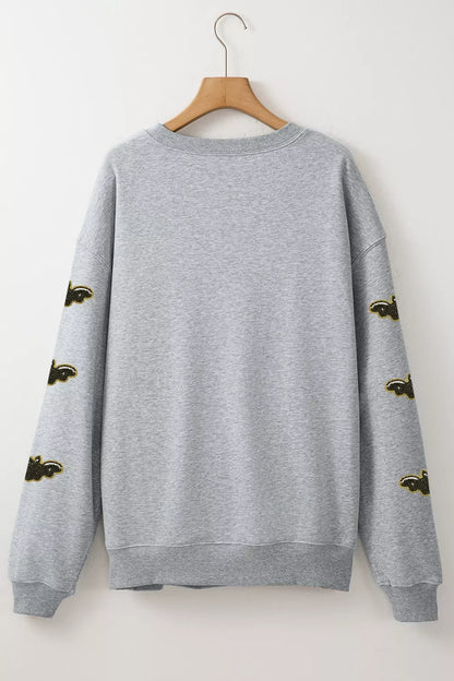 Sequin SPOOKY Halloween Bat Embellished Sleeve Pullover Sweatshirt - Gray - View 9