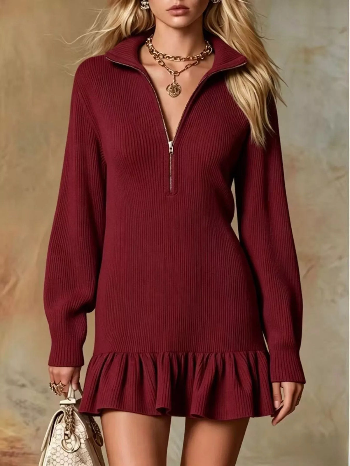 Ruffle Hem Half Zip Dress - Burgundy - View 1