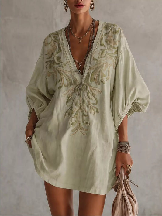 Full Size Embroidered V-Neck Mini Dress Plus Size - Light Green - View 1