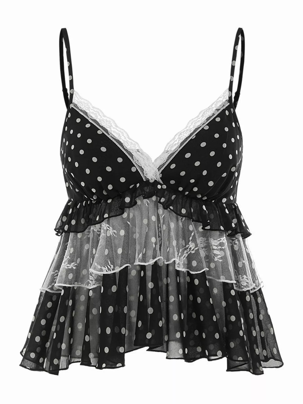 Ruffled Lace Trim Cami - Black-Polka Dot - View 5