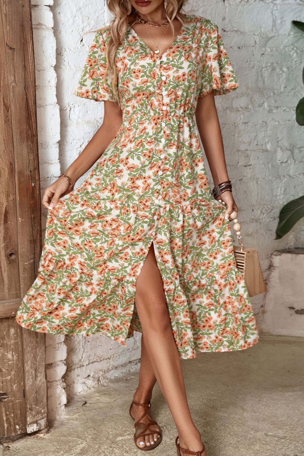 Perfee Floral V-Neck Front Slit Dress - Floral - View 1