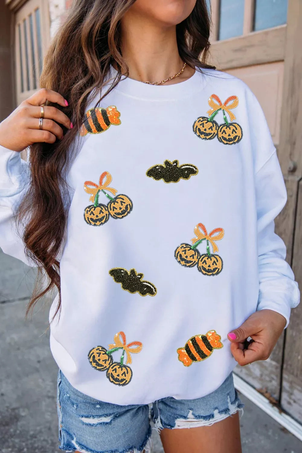 Sequin Halloween Pattern Pullover Sweatshirt - White - View 1