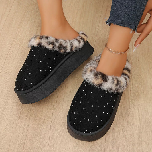 Rhinestone Faux Fur Platform Slippers - Black - View 2