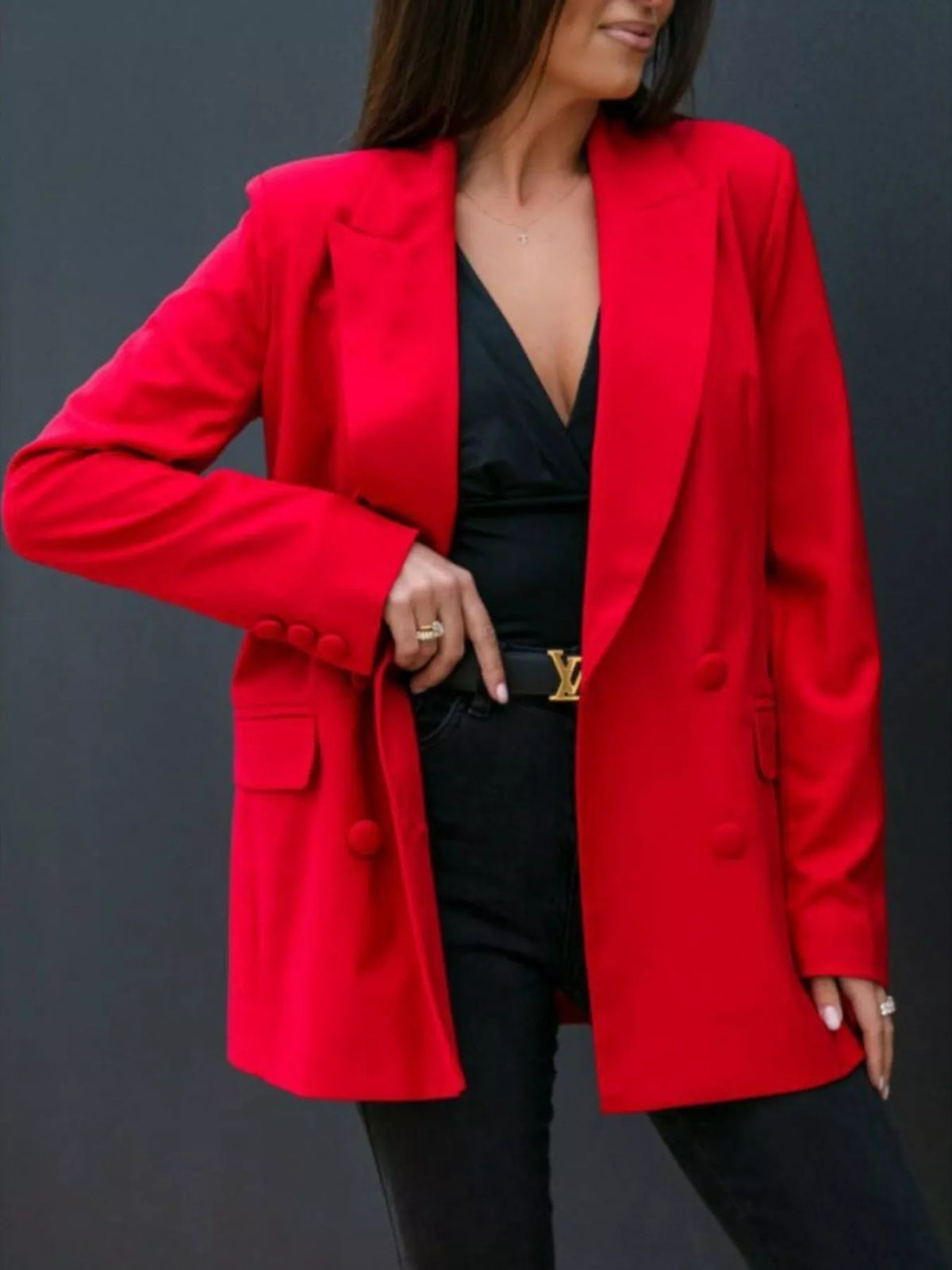 Lapel Collar Long Sleeve Blazer - Red - View 13
