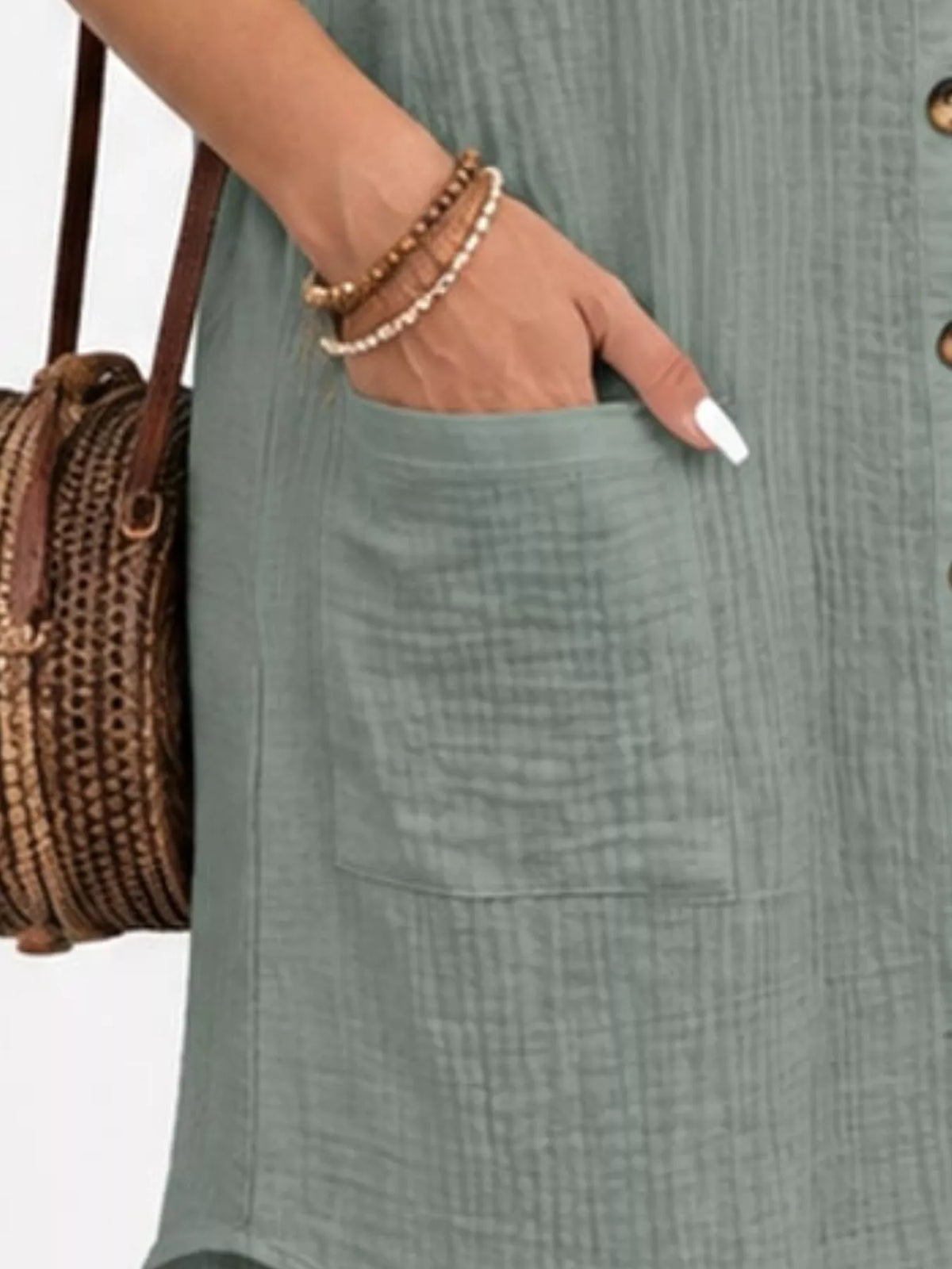 Full Size Button-Down Textured Shirt Dress with Pockets Plus Size - Sage - View 4