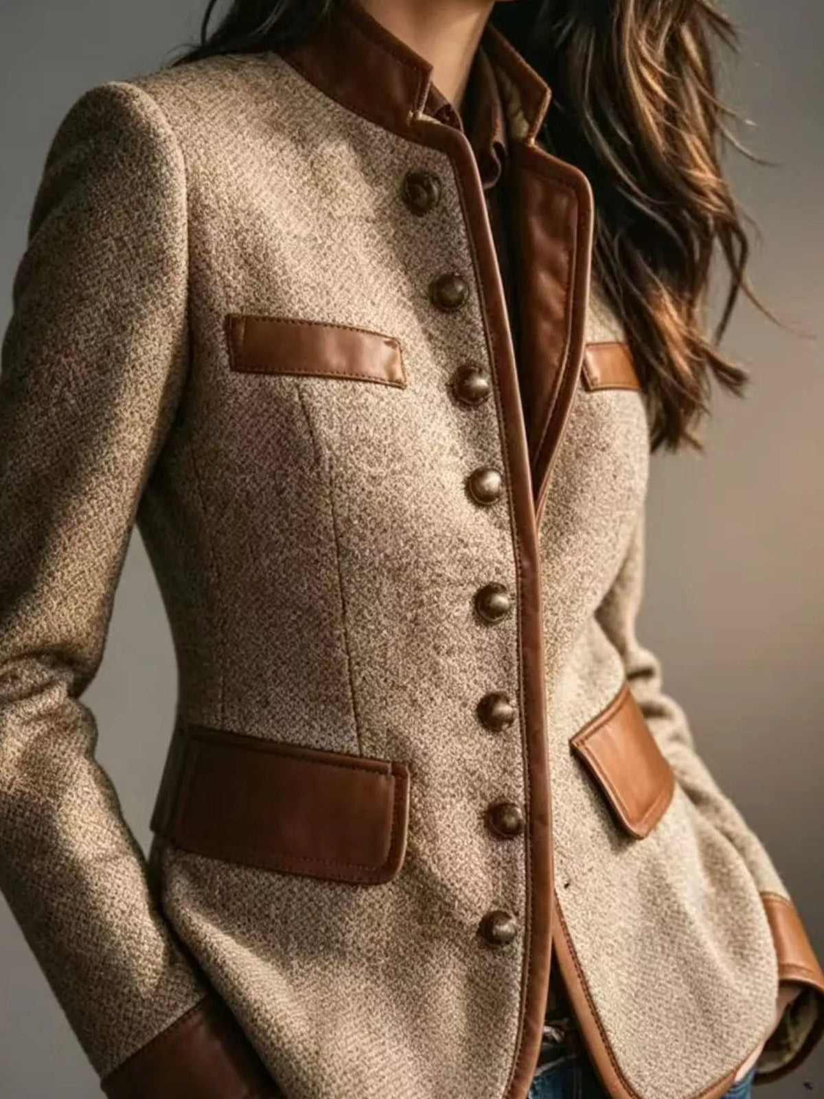 Full Size Contrast Trim Tweed Outerwear Plus Size - Camel - View 2