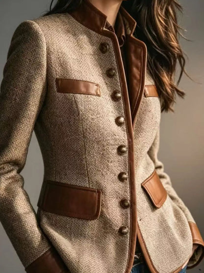 Full Size Contrast Trim Tweed Outerwear Plus Size - Camel - View 2