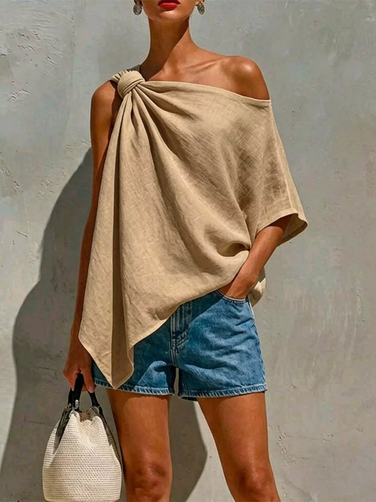 Full Size One-Shoulder Knot Detail Blouse Plus Size - Khaki - View 1