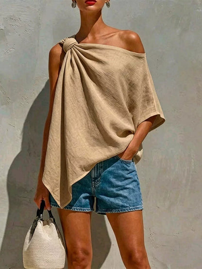 Full Size One-Shoulder Knot Detail Blouse Plus Size - Khaki - View 1