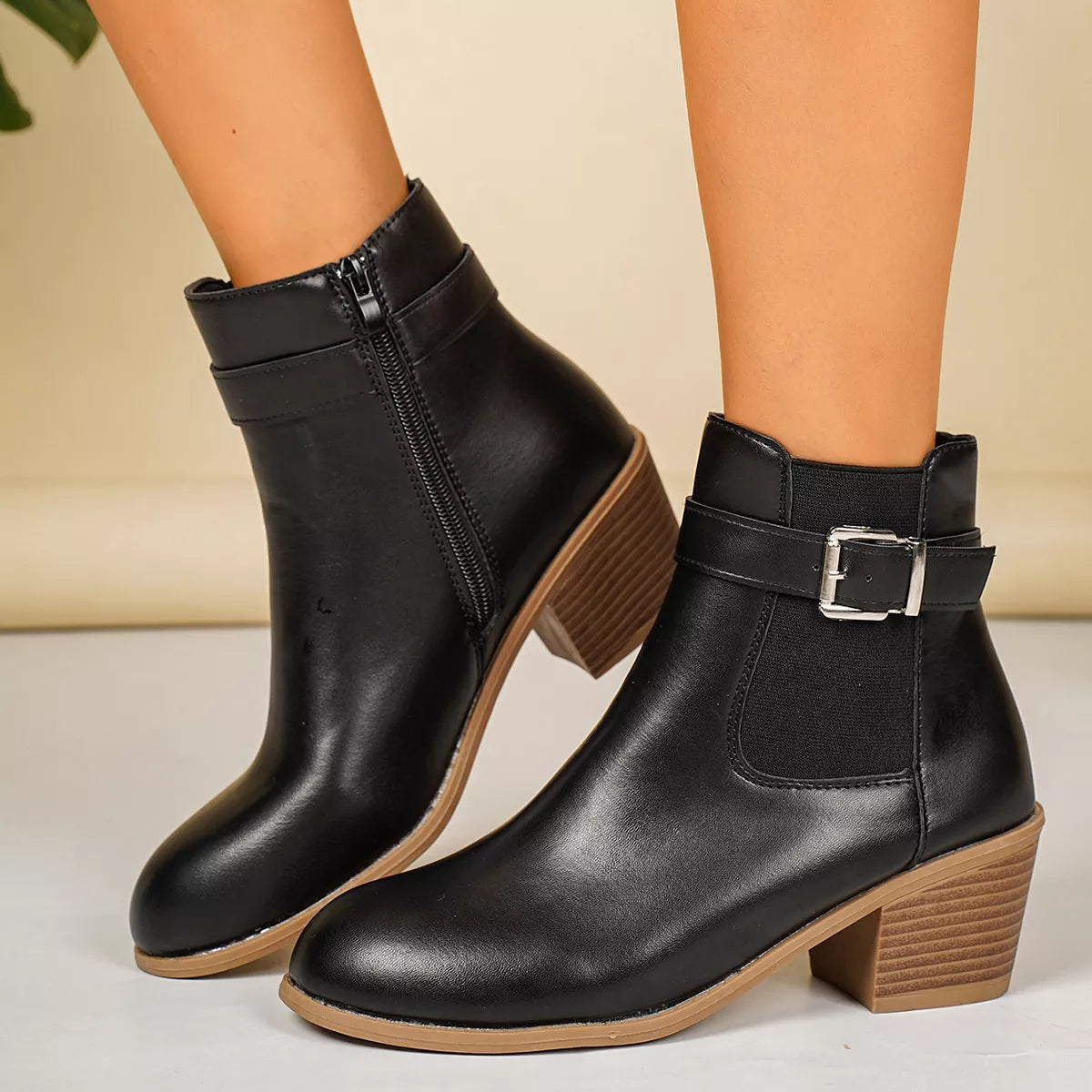 Point Toe Block Heels Boots - Black - View 3