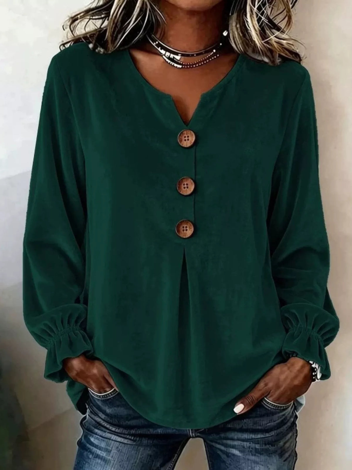 Velvet Flounce Sleeve Blouse - Green - View 1