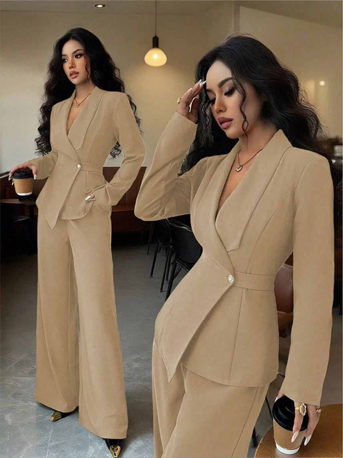 One Button Blazer and Pants Set - Khaki - View 22