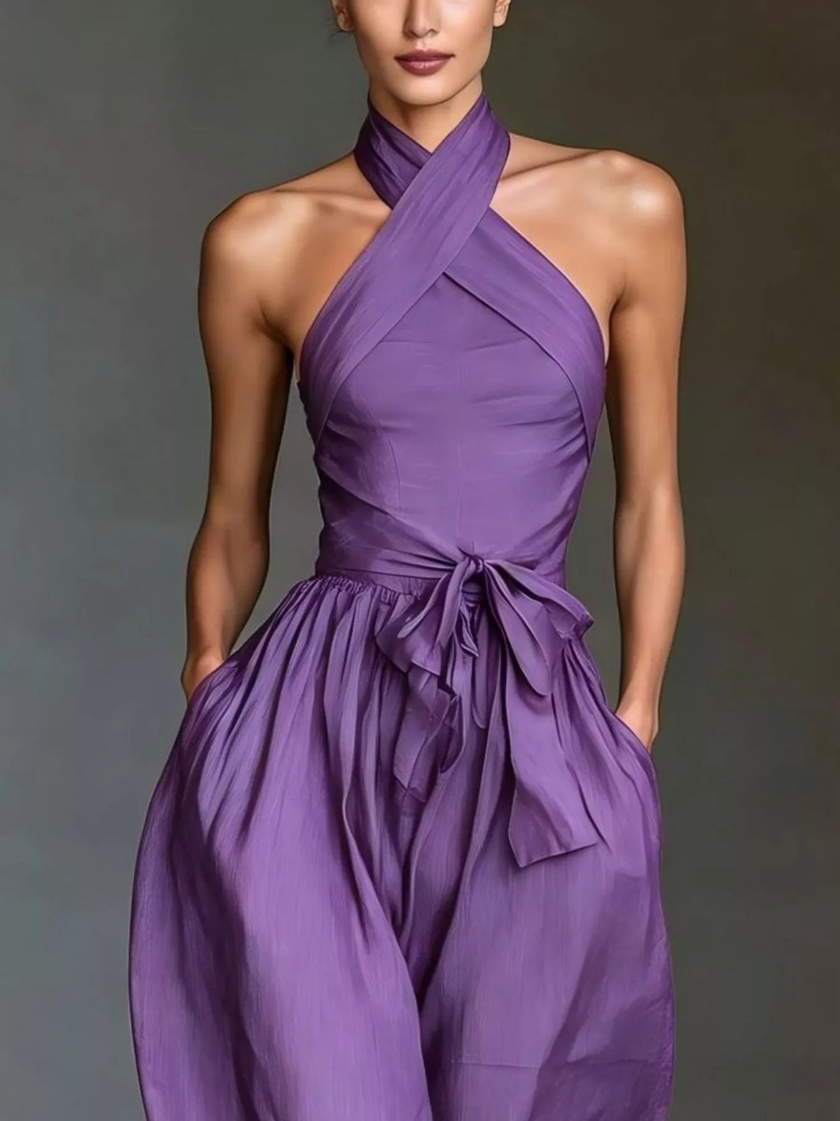 Halter Neck Wide-Leg Jumpsuit with Waist-Tie Detail - Purple - View 2