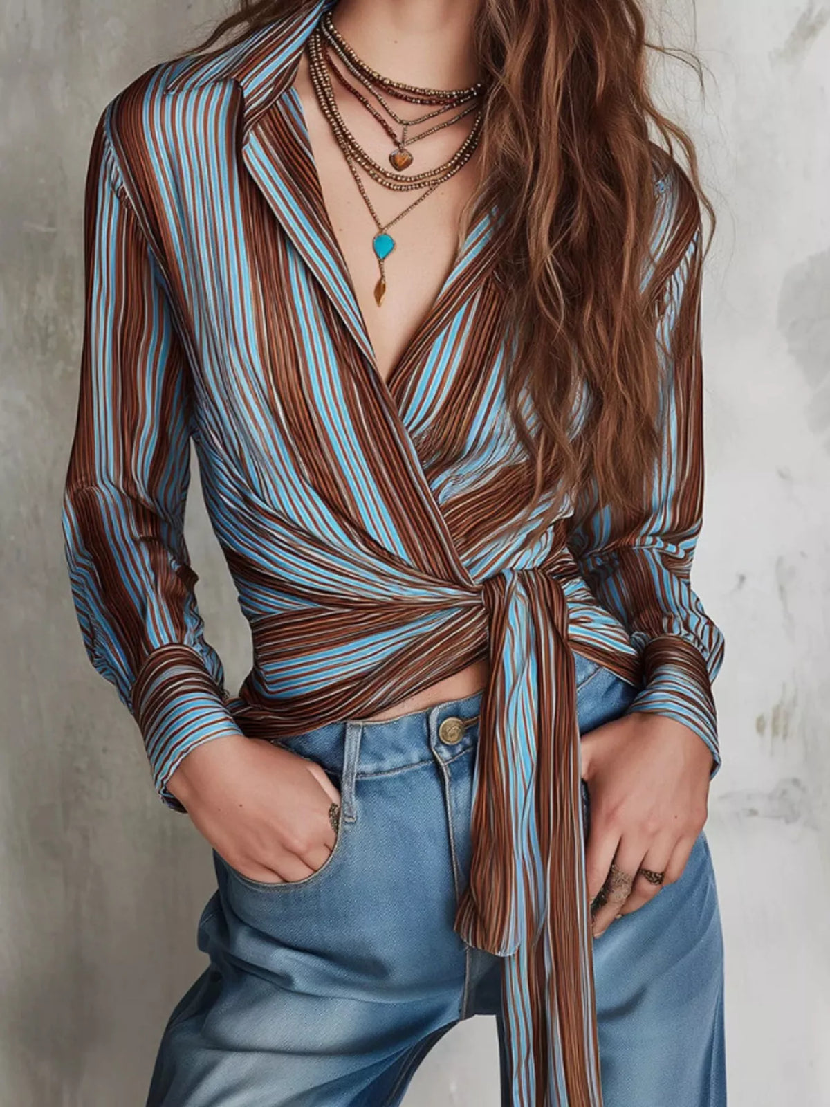 Striped Wrap Shirt with Tie-Front Detail - Pastel  Blue - View 1