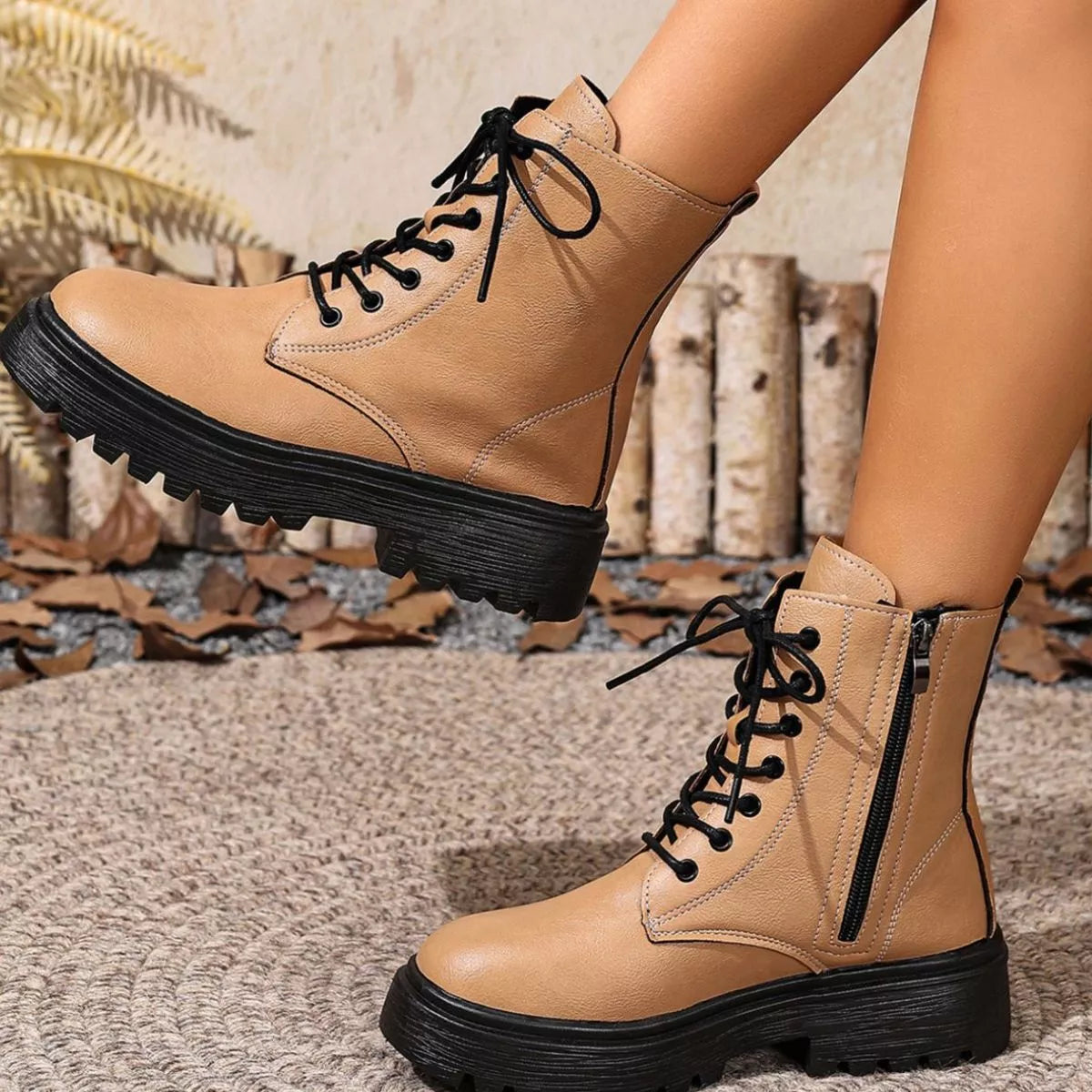Round Toe Block Heels Boots - Khaki - View 18