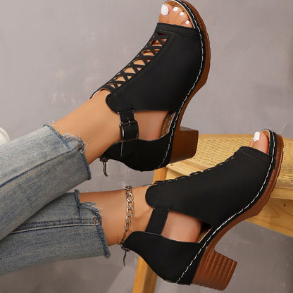 Open Toe Block Heels Sandals - Black - View 3