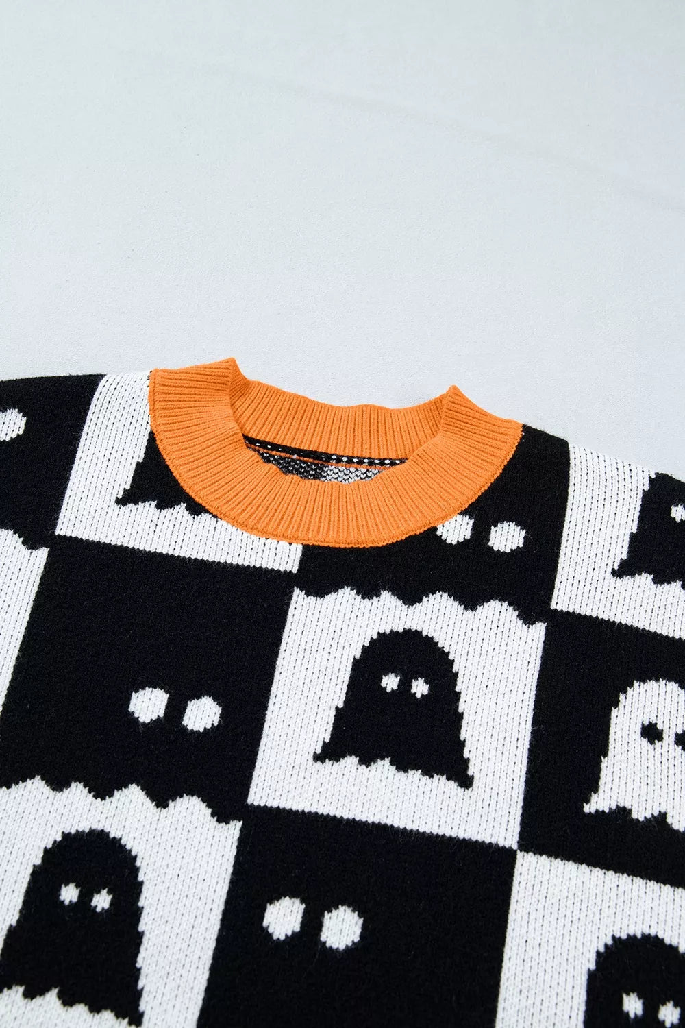 Halloween Ghost Pattern Checkerboard Sweater - Black - View 9
