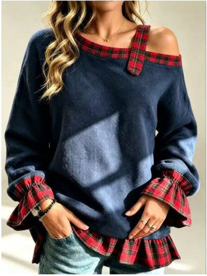 Full Size Cold-Shoulder Plaid Patchwork Long Sleeve Top Plus Size - Dark Blue - View 1