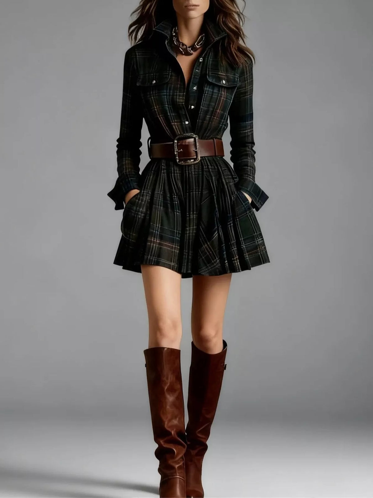 Plaid Long-Sleeve Shirt Dress - Dark Green (with Belt) - View 10