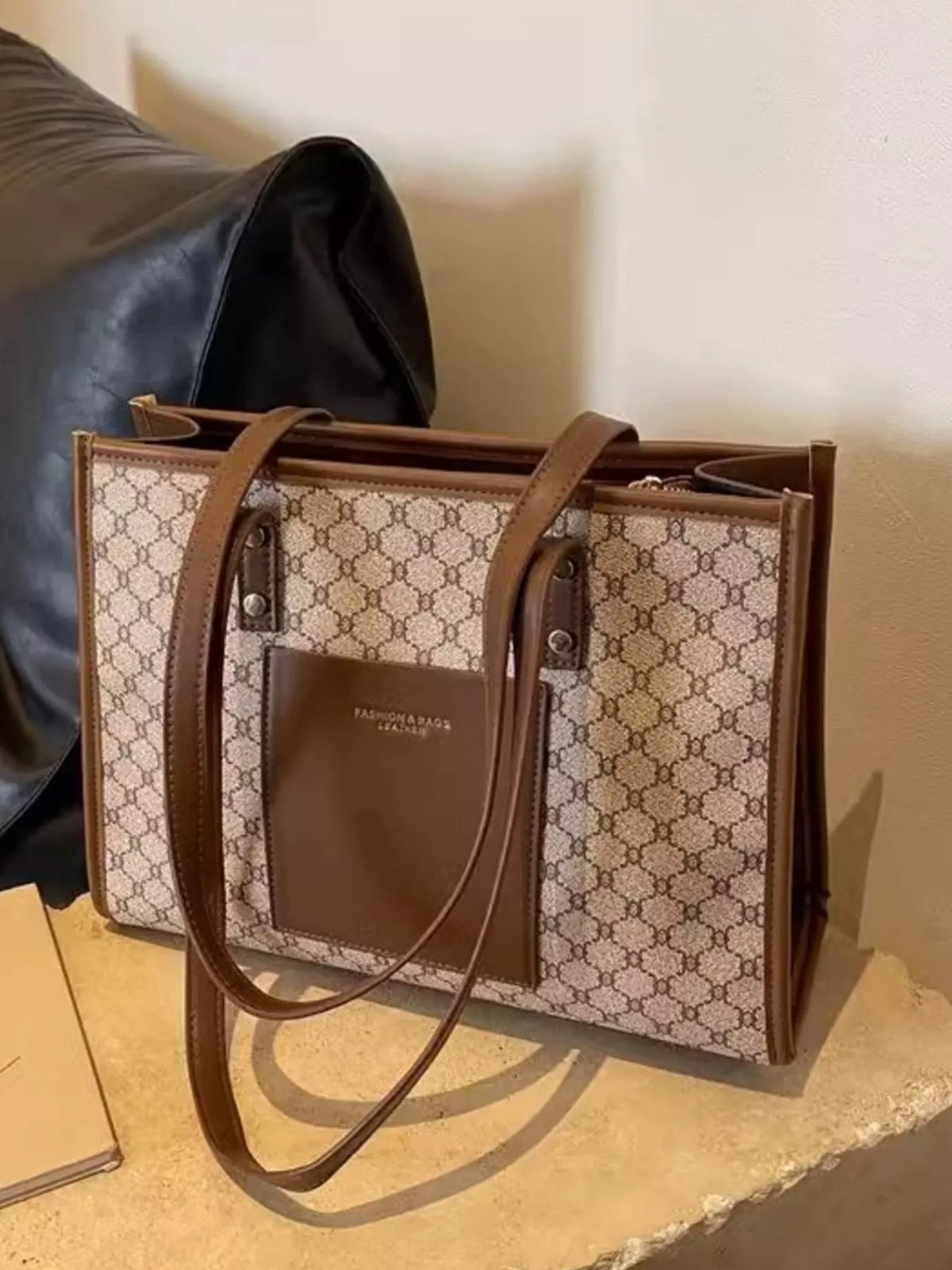 Patterned Tote Shoulder Bag - Khaki - View 4