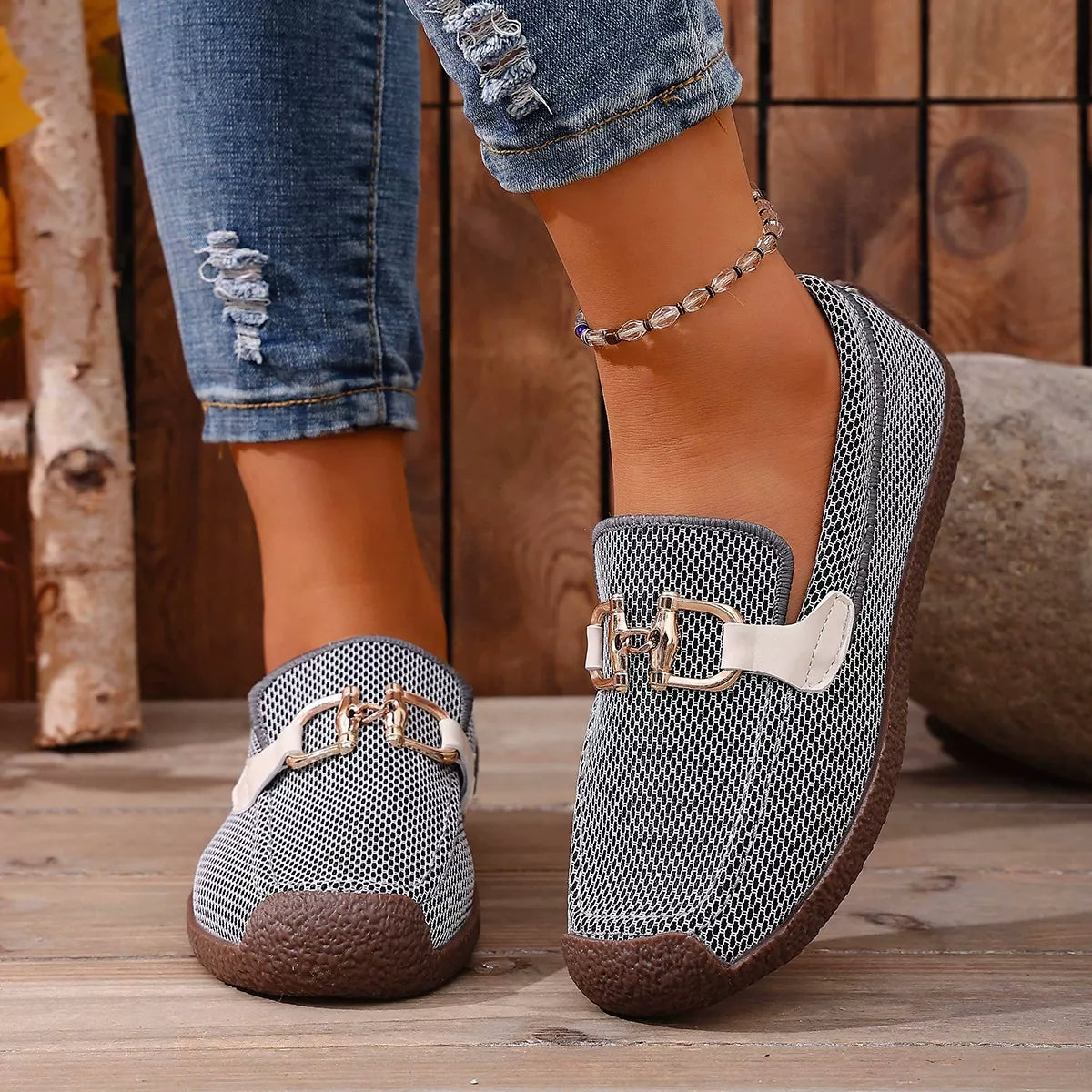 Round Toe Flat Slip-Ons - Black Gray - View 3