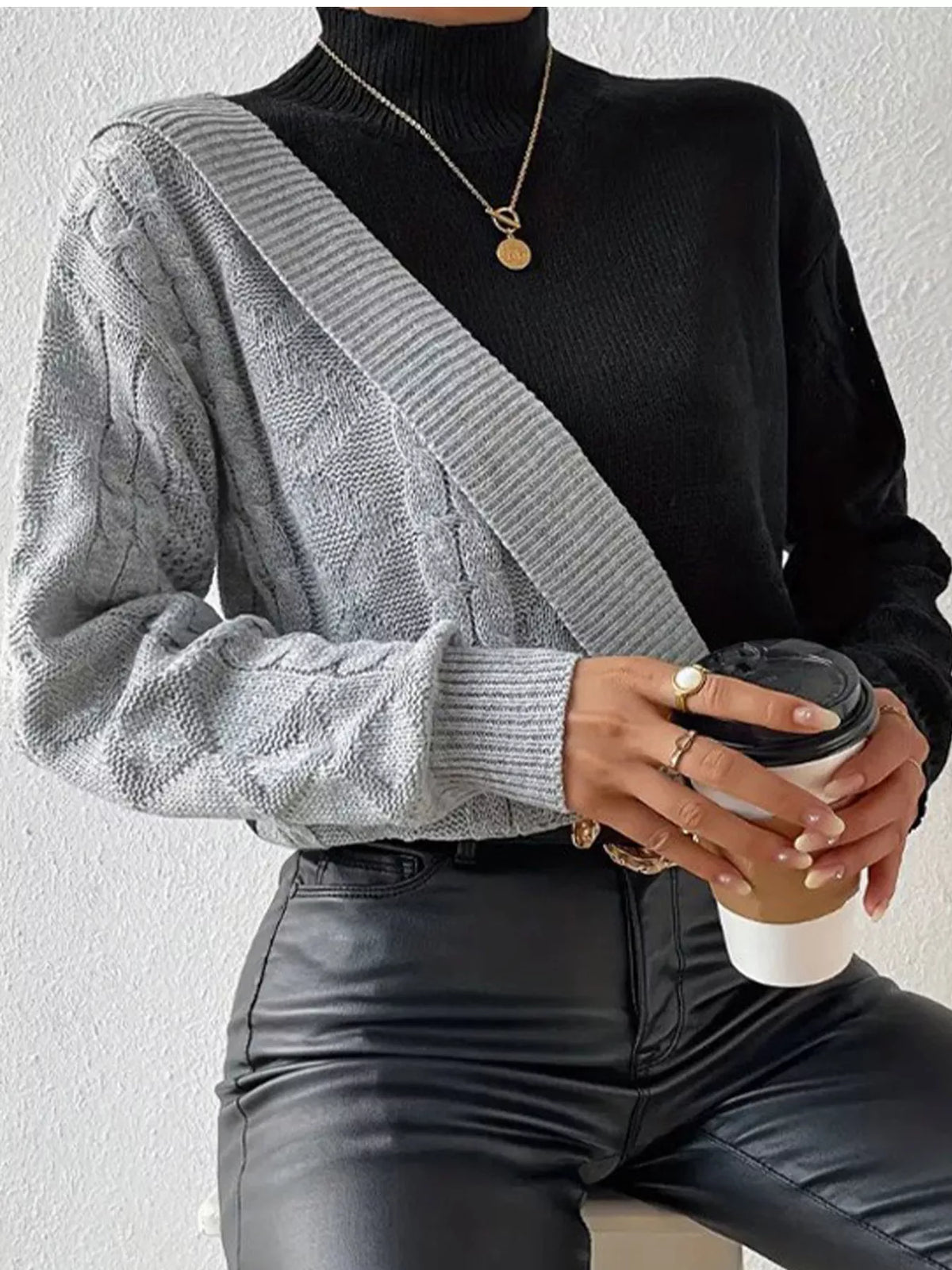 Color Block Cable Knit Mock Neck Sweater - Gray - View 4