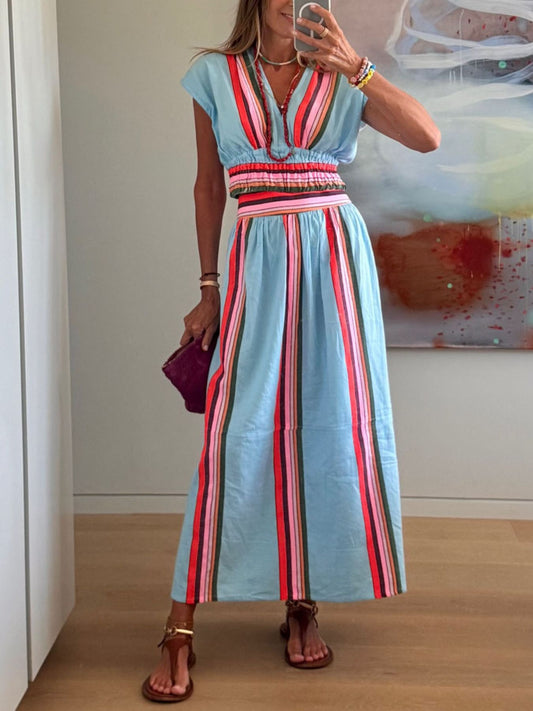 Striped Cap Sleeve Top and Skirt Set - product photo 1