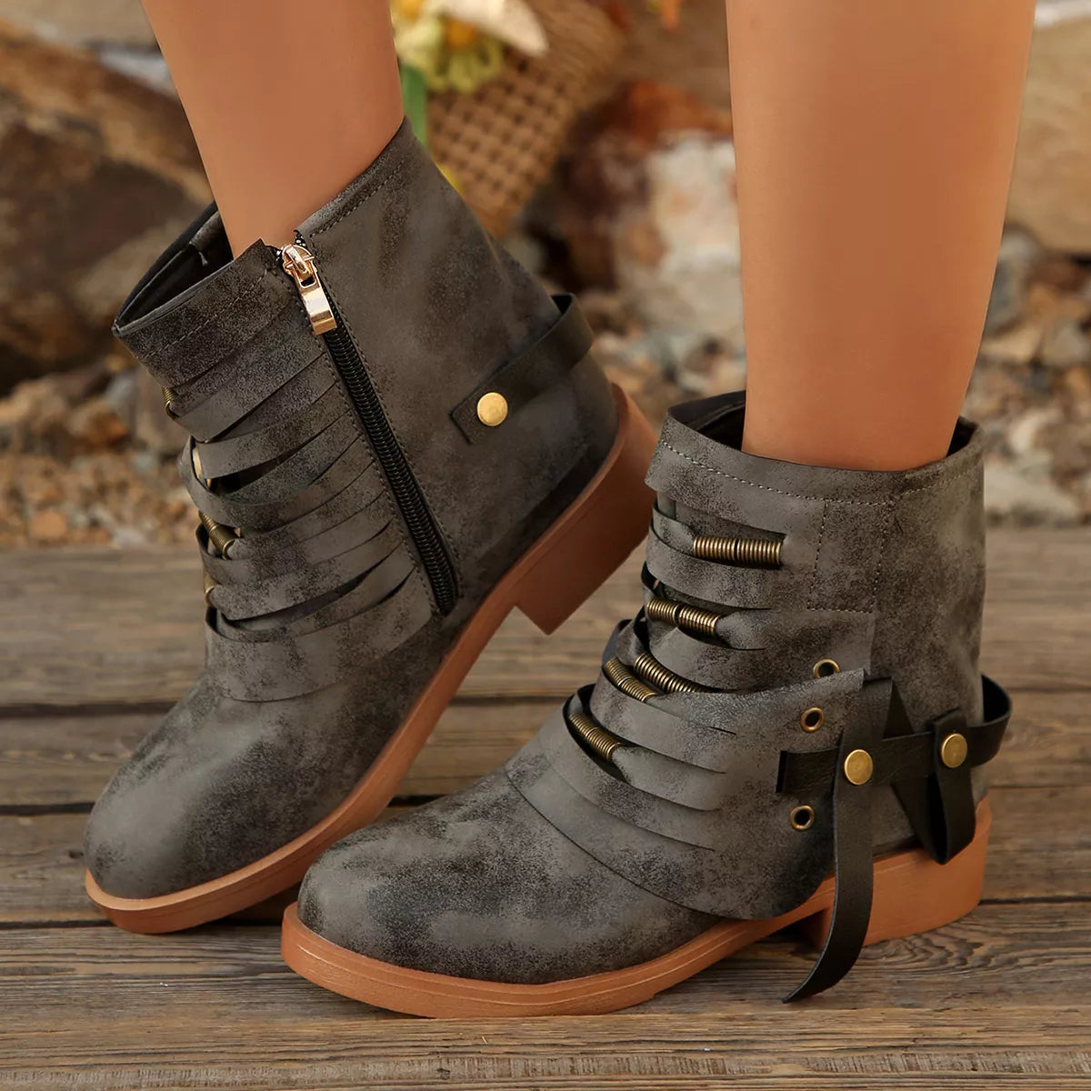 Strappy Buckle Ankle Boots - Grey - View 5