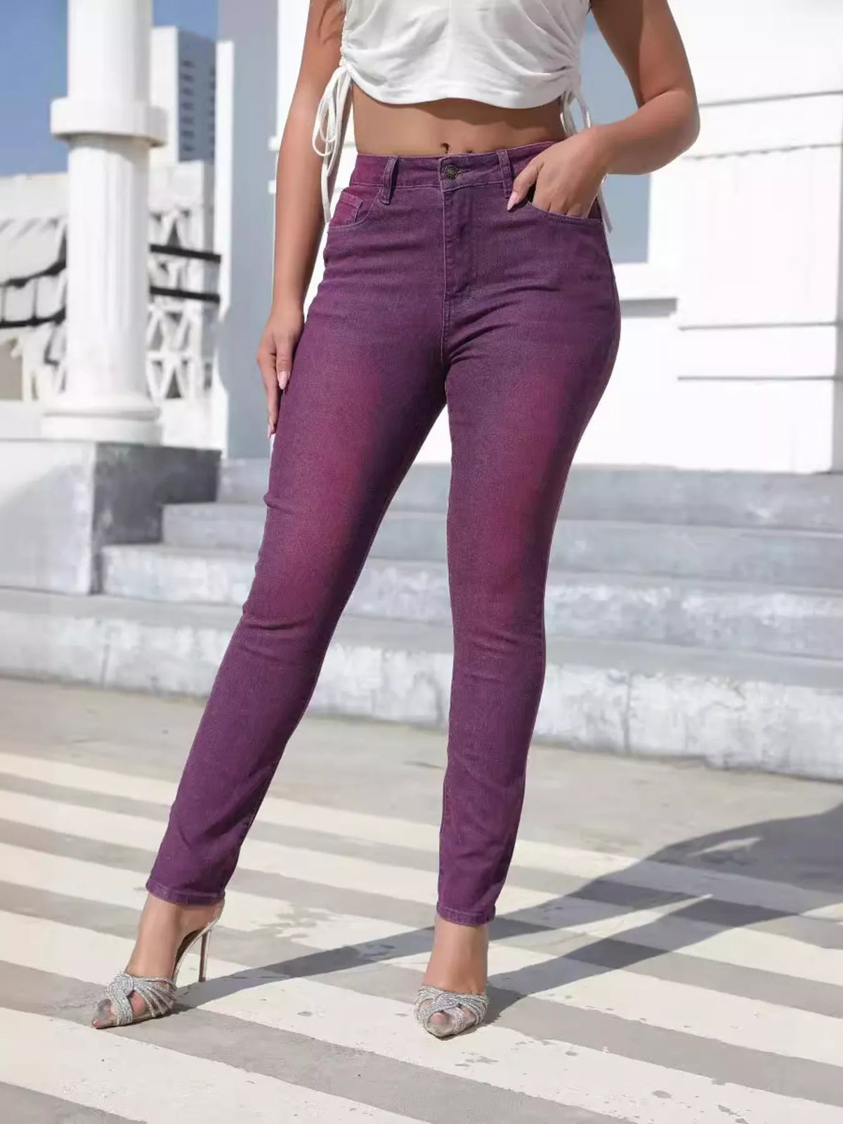 High-Waisted Slim-Fit Jeans - Purple - View 2