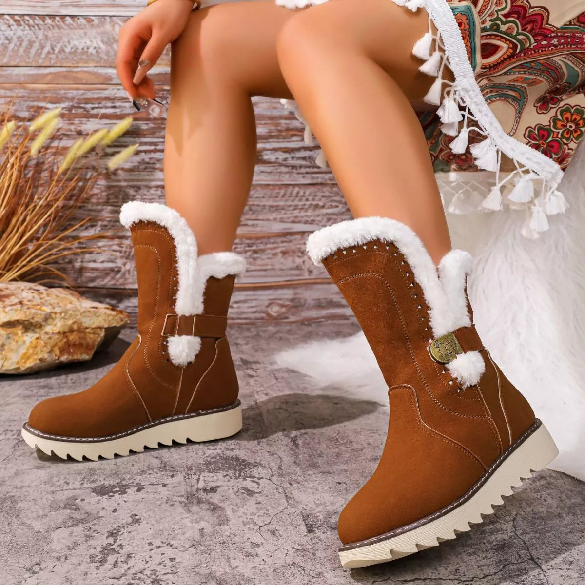 Round Toe Platform Boots - Brown - View 6