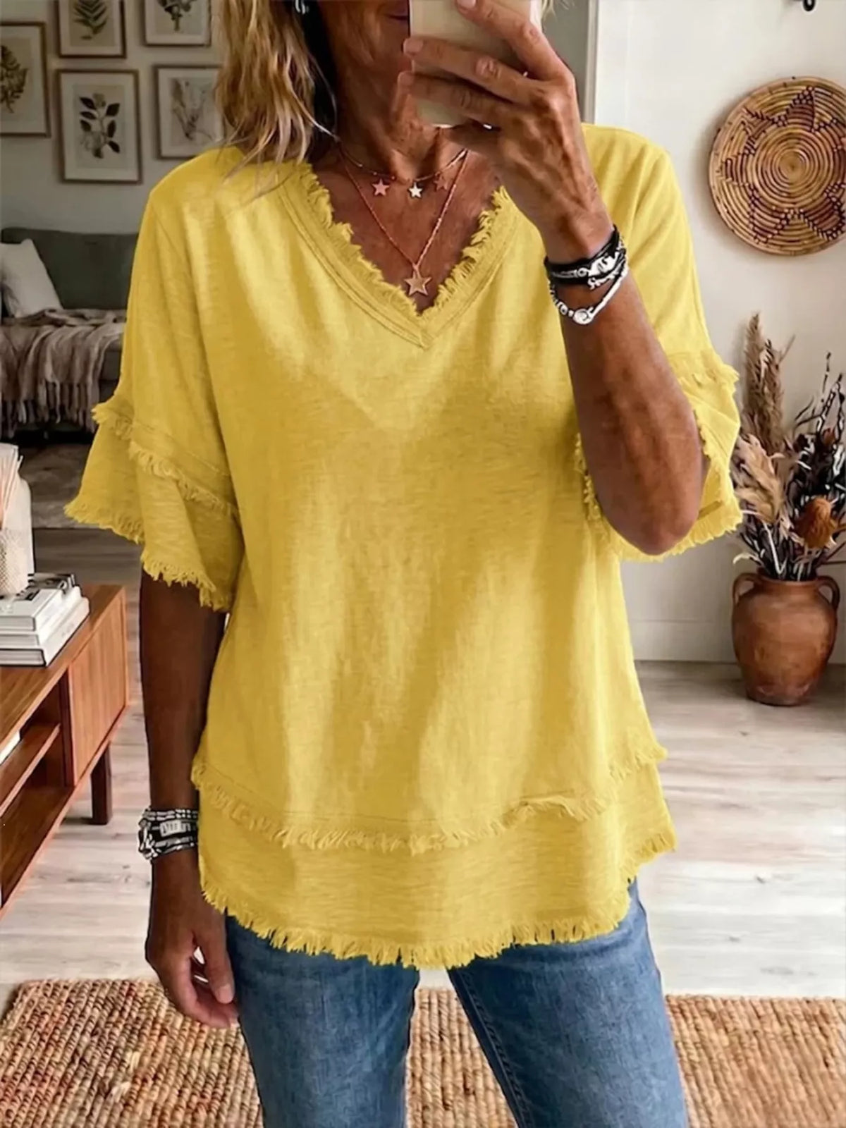 Full Size Frayed Edge V-Neck Blouse Plus Size - Yellow - View 1