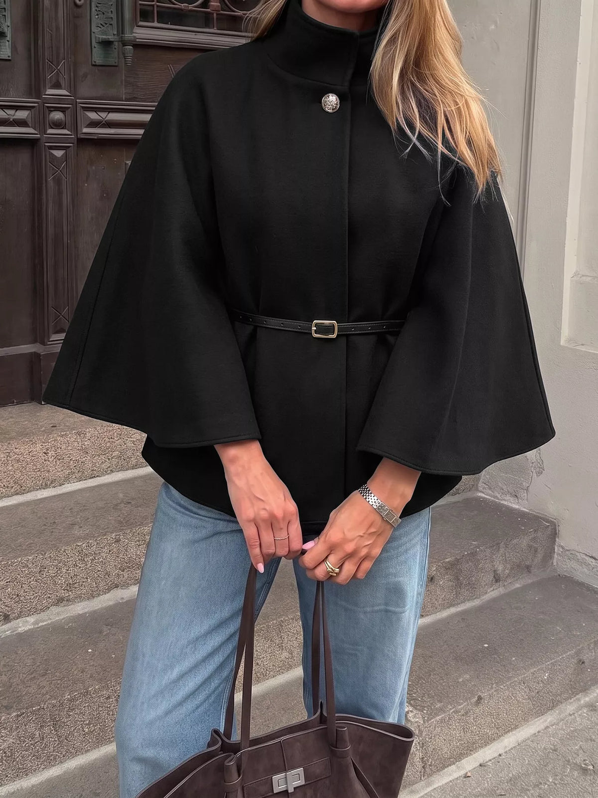 Stand Neck Cape Coat - Black - View 3