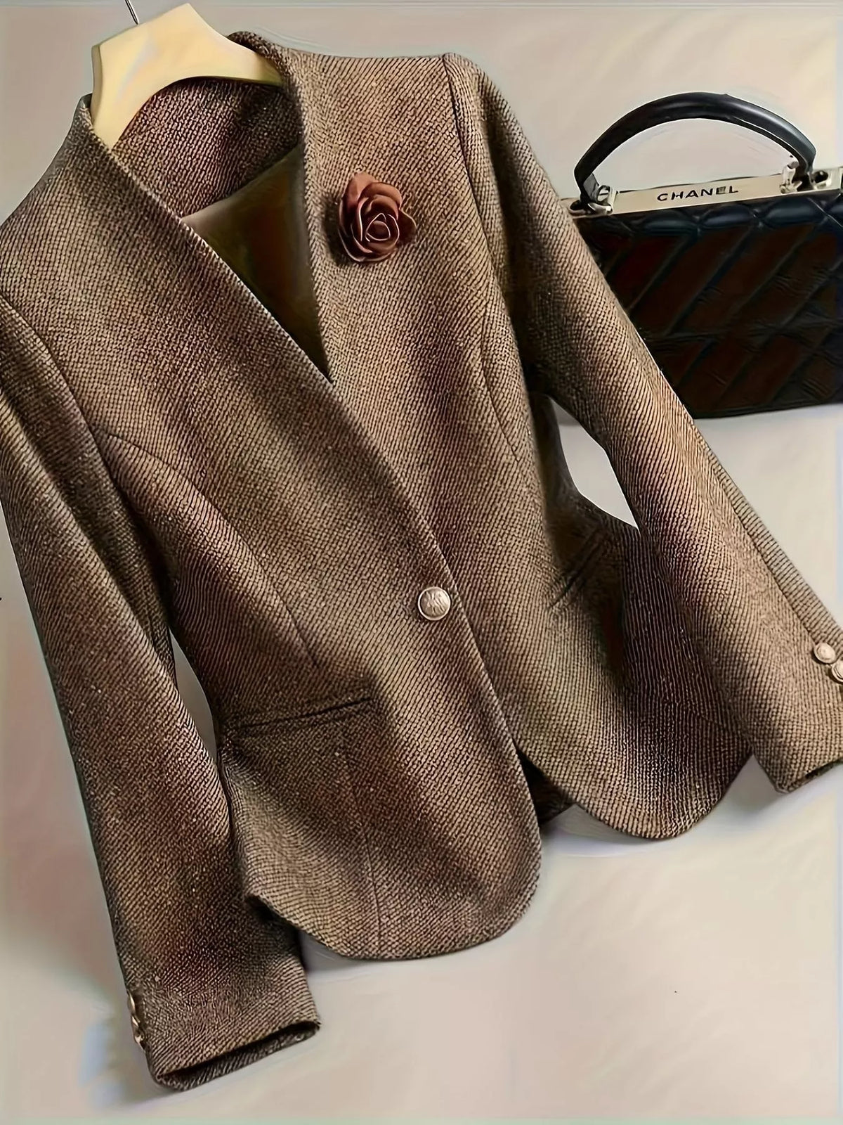 Flower One Button Long Sleeve Blazer - Taupe - View 1