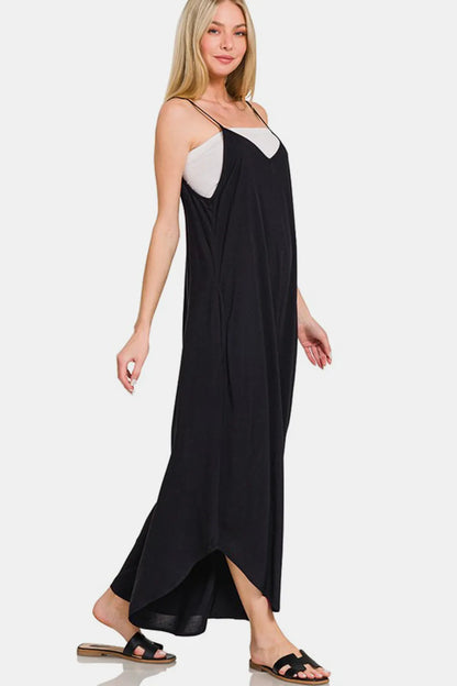 Zenana Spaghetti Strap Wide Leg Overalls with Pockets - Black - View 3