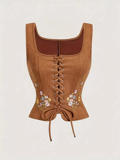 Floral Embroidered Lace-Up Vest Coat - Ochre - View 1