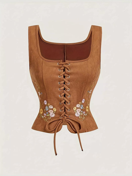 Floral Embroidered Lace-Up Vest Coat - Ochre - View 1