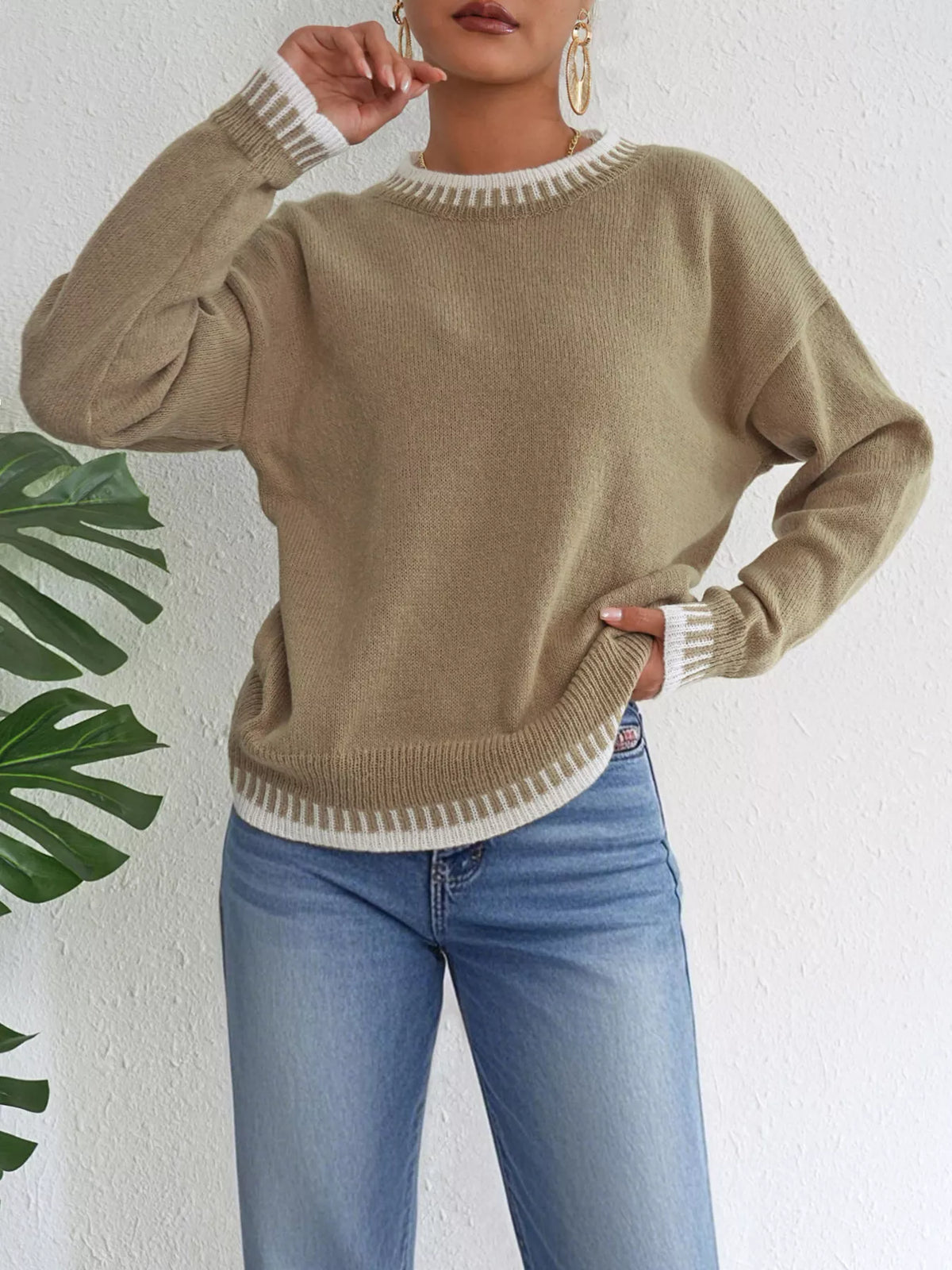 Contrast Trim Crew Neck Drop Shoulder Sweater - Camel - View 2