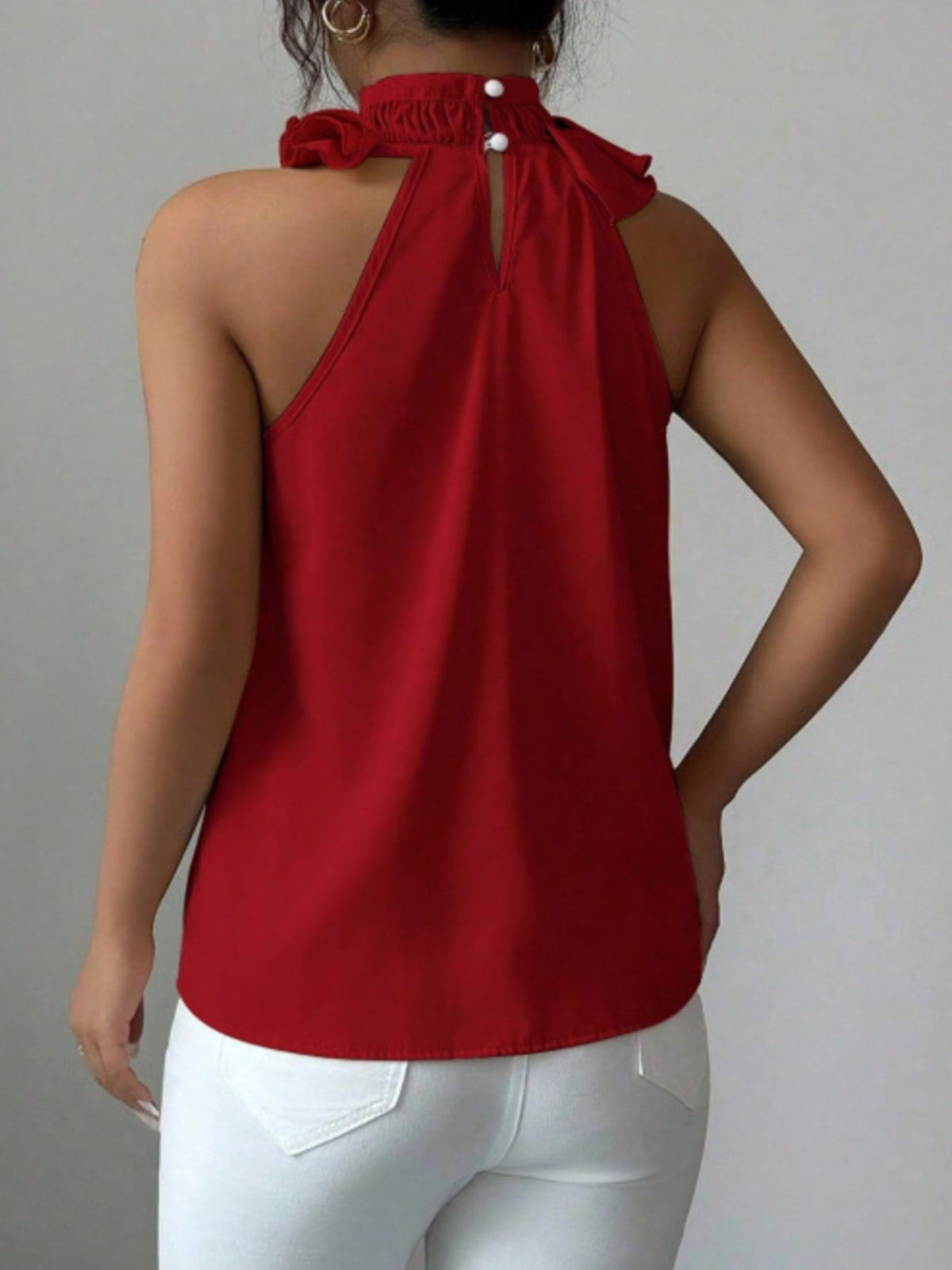 Ruffle High Neck Sleeveless Top - Red - View 18