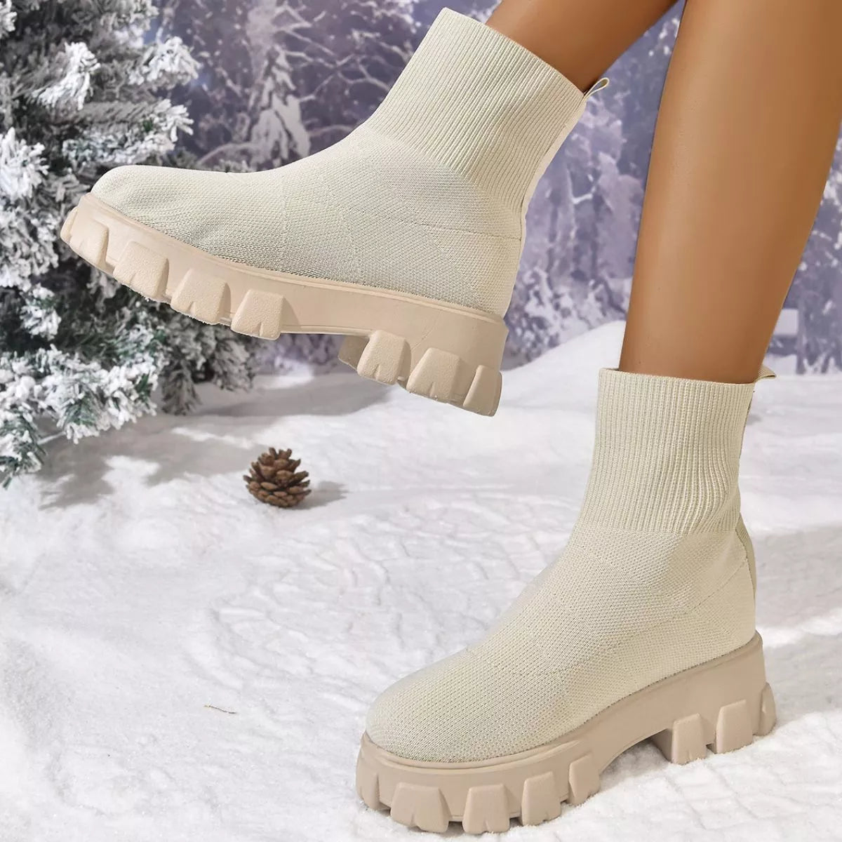 Round Toe Block Heels Boots - Beige - View 18