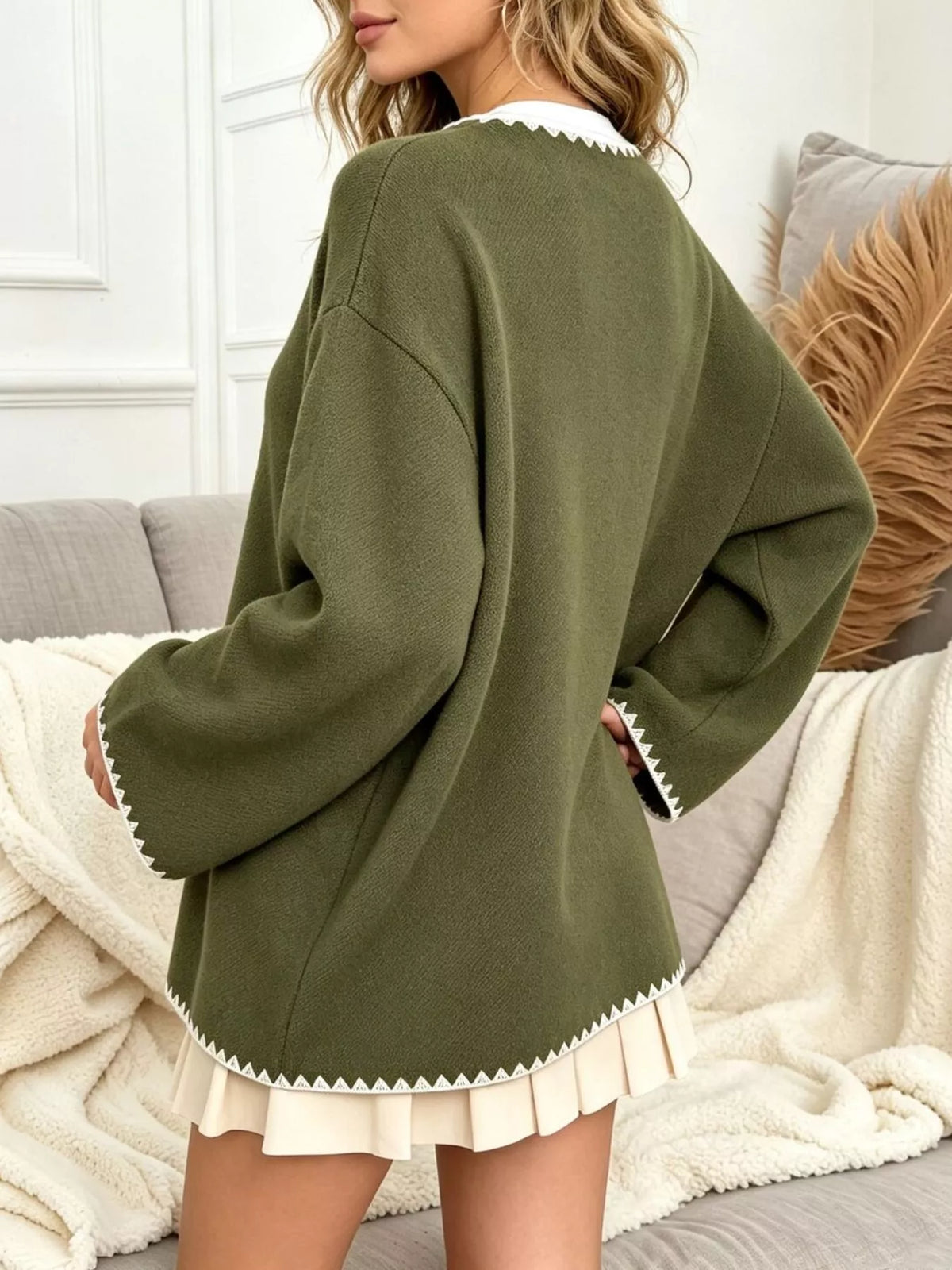 Contrast Trim Button-Front Outerwear - Army Green - View 3