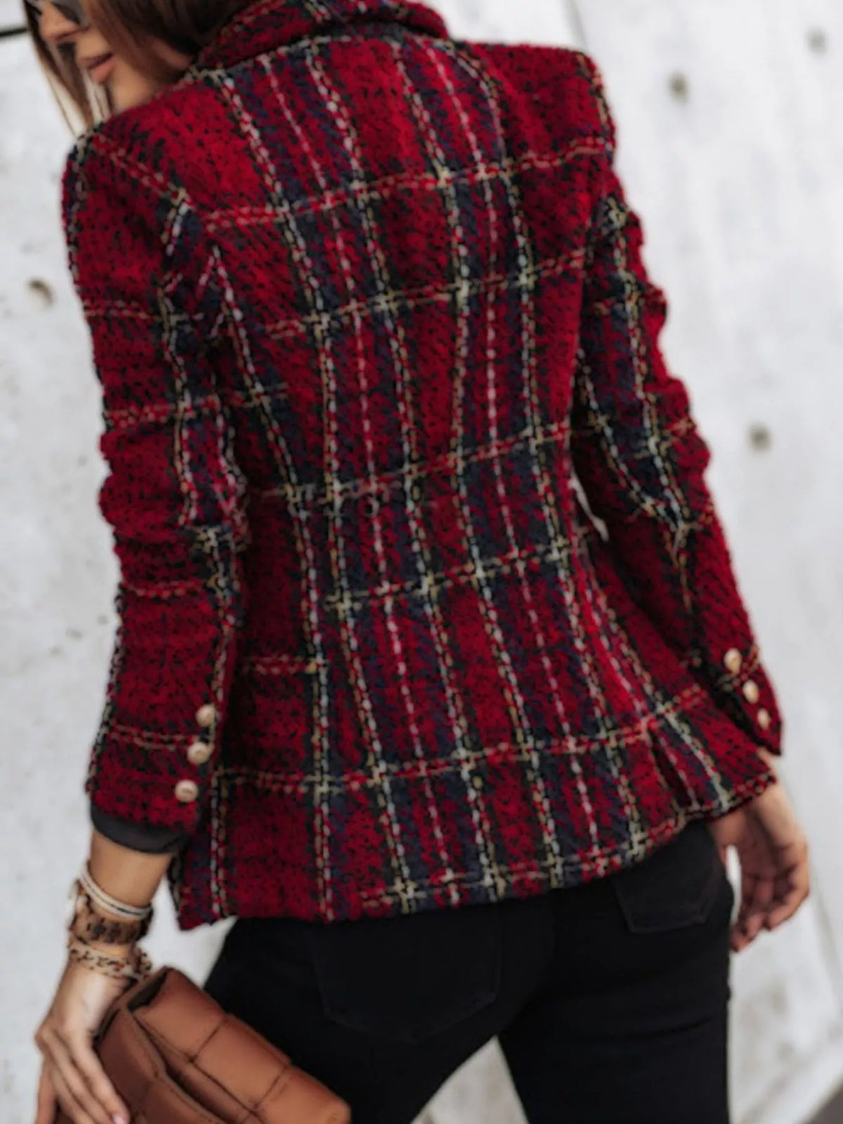Full Size Plaid Tweed Double-Breasted Blazer Plus Size - Burgundy - View 3