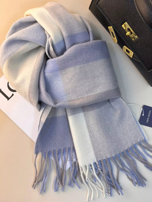 Plaid Scarf with Fringe - Azure - View 1
